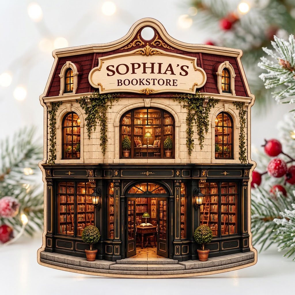 Custom-cut ornament shaped like a vintage bookstore with green and gold storefront and 'BOOKSTORE' text personalized abo