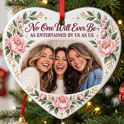 Heart ceramic ornament with a heart-shaped photo of three women, pink peonies, green leaves, and gold sparkles around th