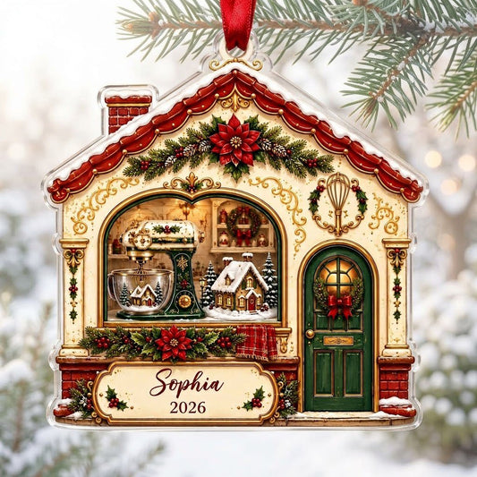 House-shaped acrylic ornament with baking scene, stand mixer, wreaths, and name and year on the bottom banner.
