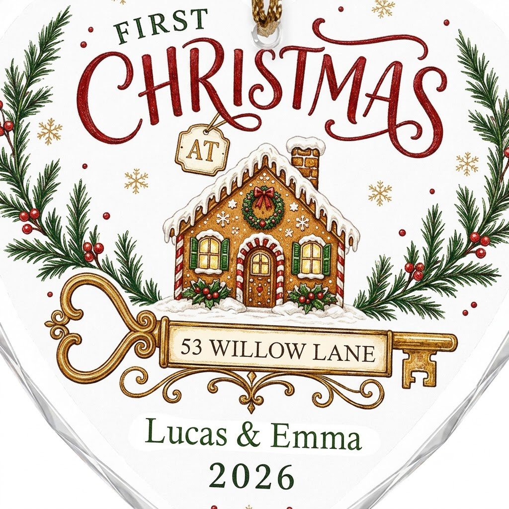 Personalized First Christmas at New Home Gingerbread Key Heart Glass Ornament