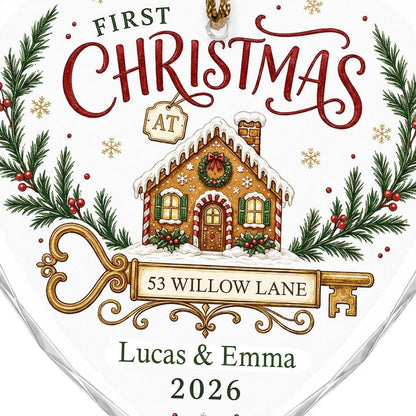 Personalized First Christmas at New Home Gingerbread Key Heart Glass Ornament