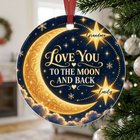 Round ceramic ornament with golden crescent moon, navy sky, stars, and 'LOVE YOU TO THE MOON AND BACK'.