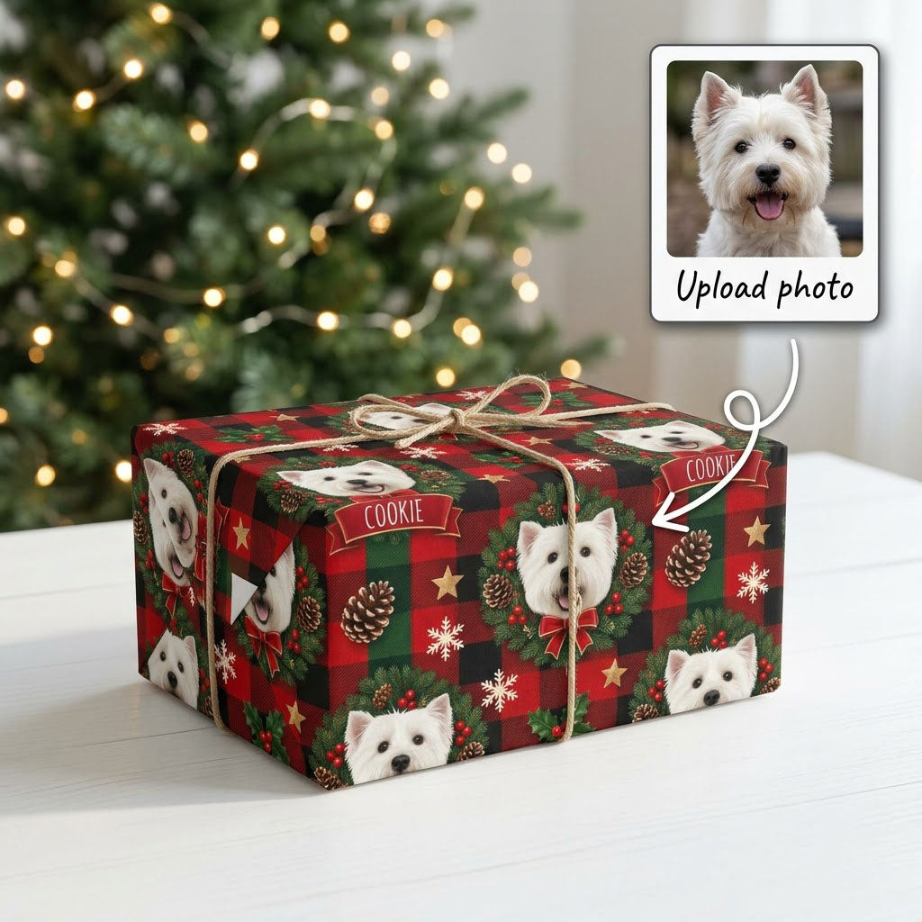 Red and green plaid wrapping paper with Westie in wreaths, snowflakes, stars, holly, and a name on red banners.