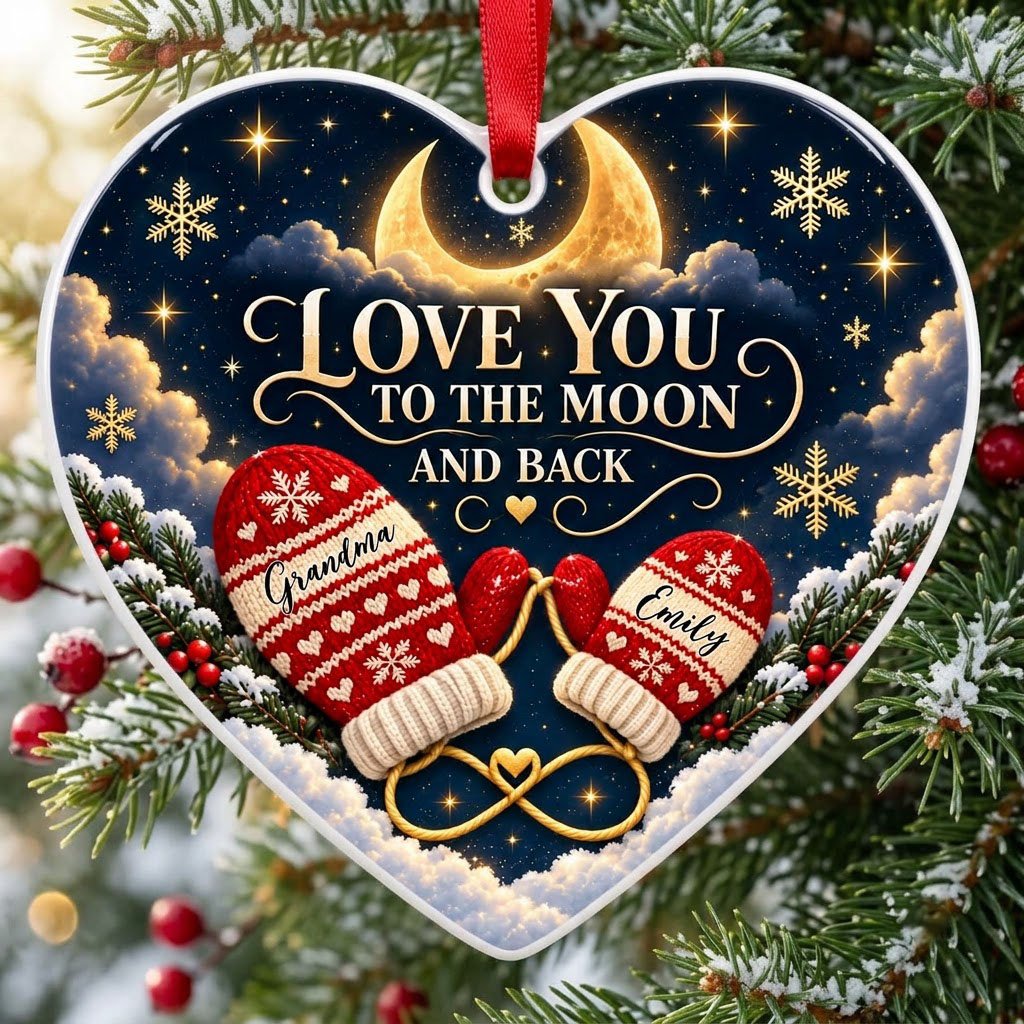 Heart ceramic ornament with golden crescent moon, red mittens, snowflakes and pine, personalized with two names.
