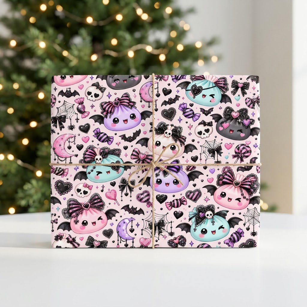 Pastel goth Halloween wrapping paper with cute bat-winged characters, skulls, moons, bows and candies.