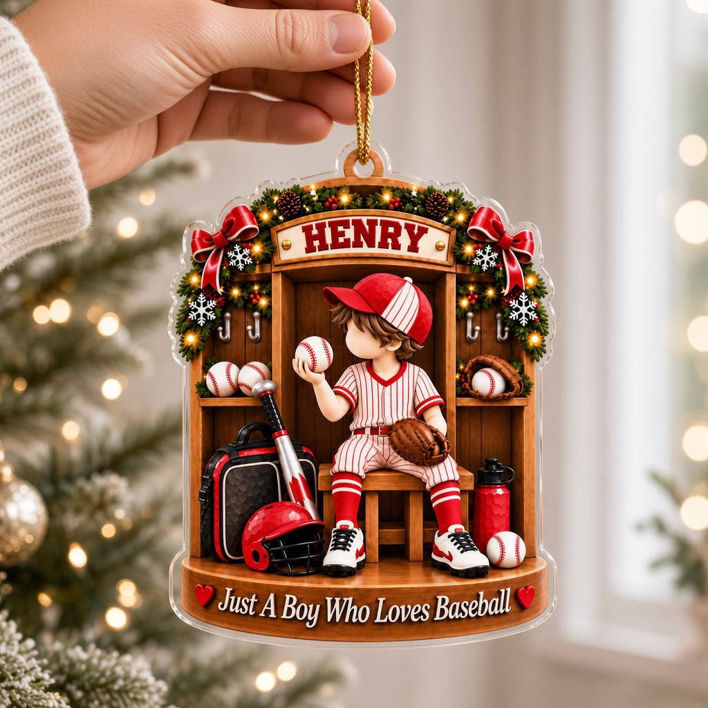 Acrylic ornament of a boy in red pinstripe baseball gear in a locker with garland and 'Just A Boy Who Loves Baseball'.