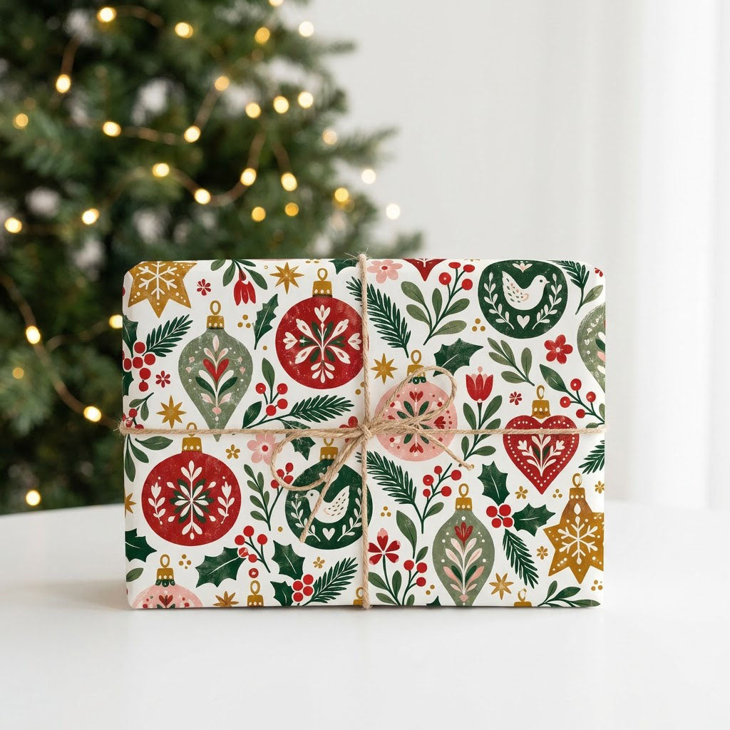 Matte wrapping paper with folk-style red, pink and green ornaments, pine branches, holly and starbursts on cream.