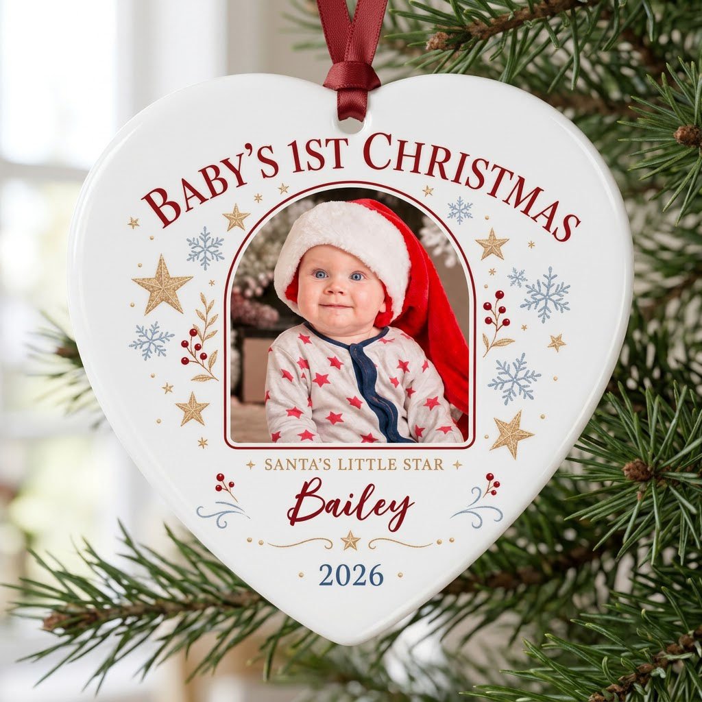 Heart ceramic ornament with arched photo frame, gold stars, blue snowflakes, holly, and 'Baby's 1st Christmas' text.