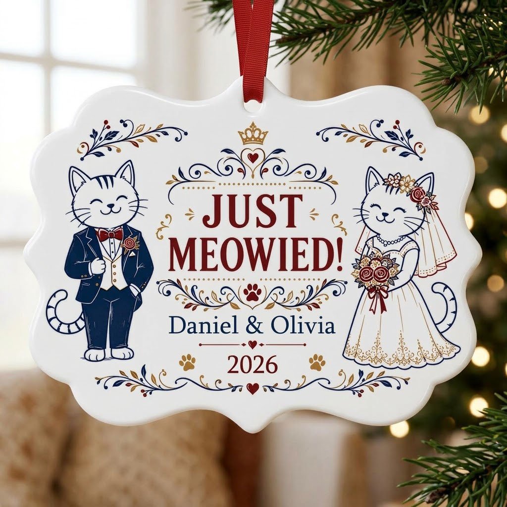 Medallion ceramic ornament with cat bride and groom, gold crown, floral scrolls, red hearts and paw prints on white.