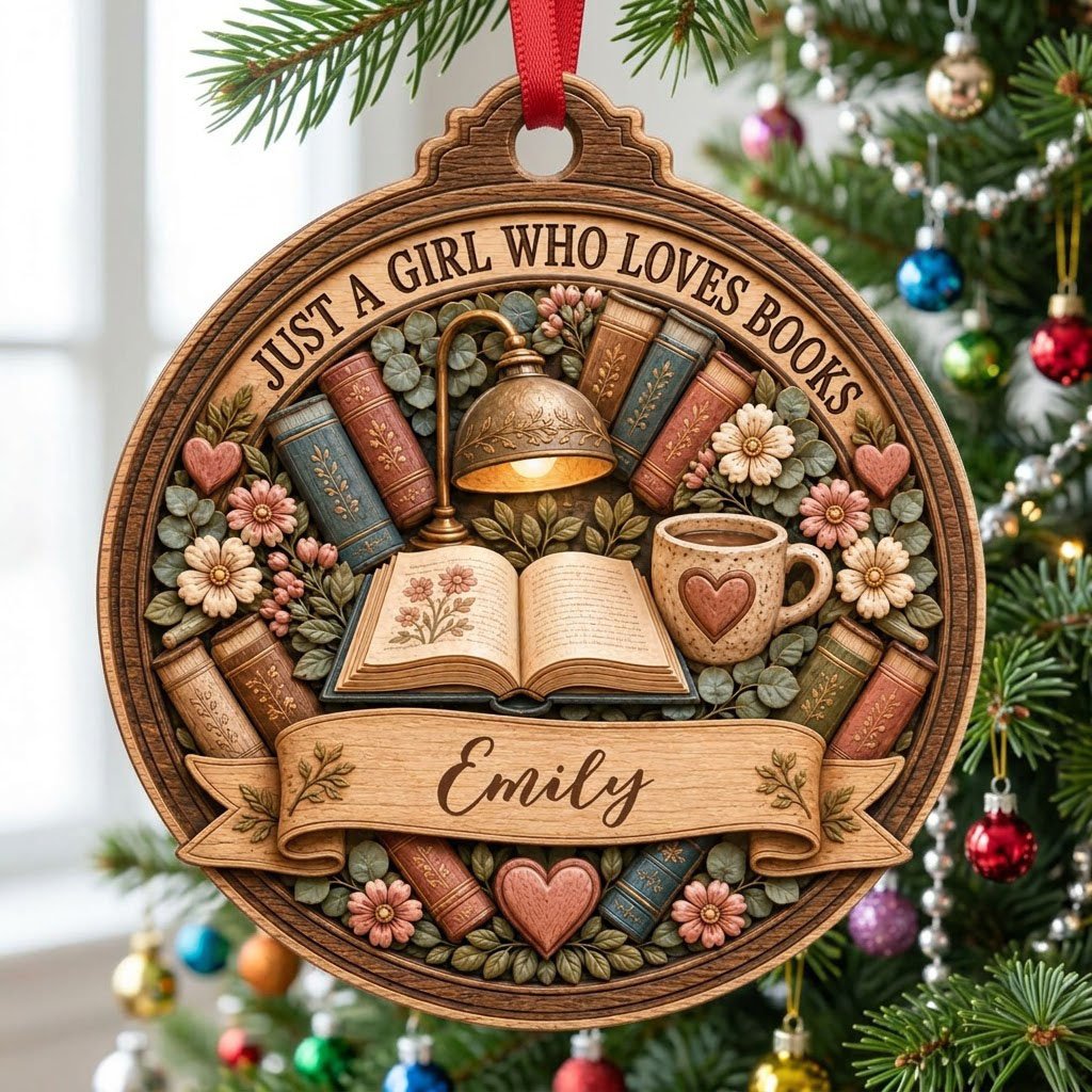 Round wood ornament with faux carved open book, glowing lamp, heart mug, stacked books, flowers, and a personalized name