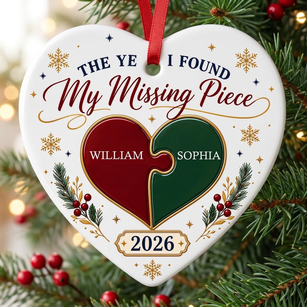 Heart ceramic ornament with red and green interlocking puzzle heart, gold snowflakes and stars, pine sprigs, and custom 