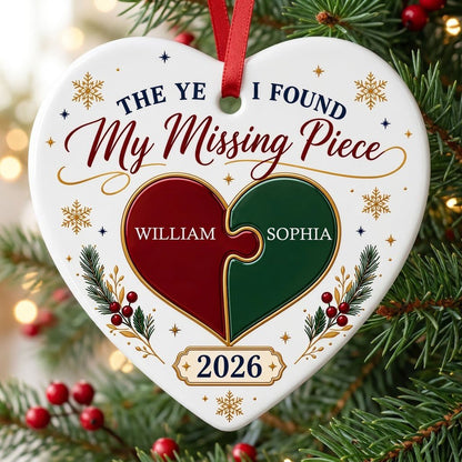 Heart ceramic ornament with red and green interlocking puzzle heart, gold snowflakes and stars, pine sprigs, and custom 