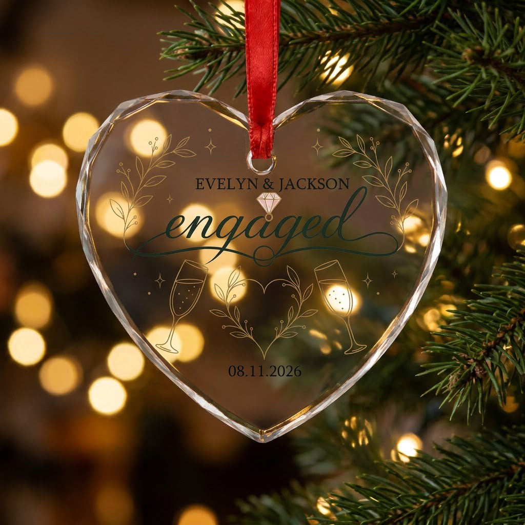 Personalized Engaged Champagne Toast Heart Glass Ornament