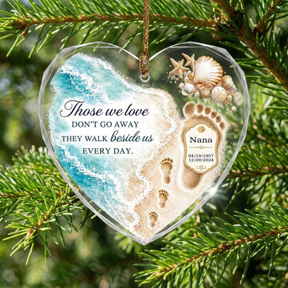 Personalized Beach Footprints Memorial Those We Love Beside Us Heart Glass Ornament