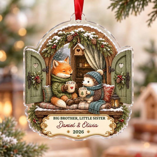 Arched window acrylic ornament with fox and hedgehog, garlands, birdhouse, and cream banner for names and year.
