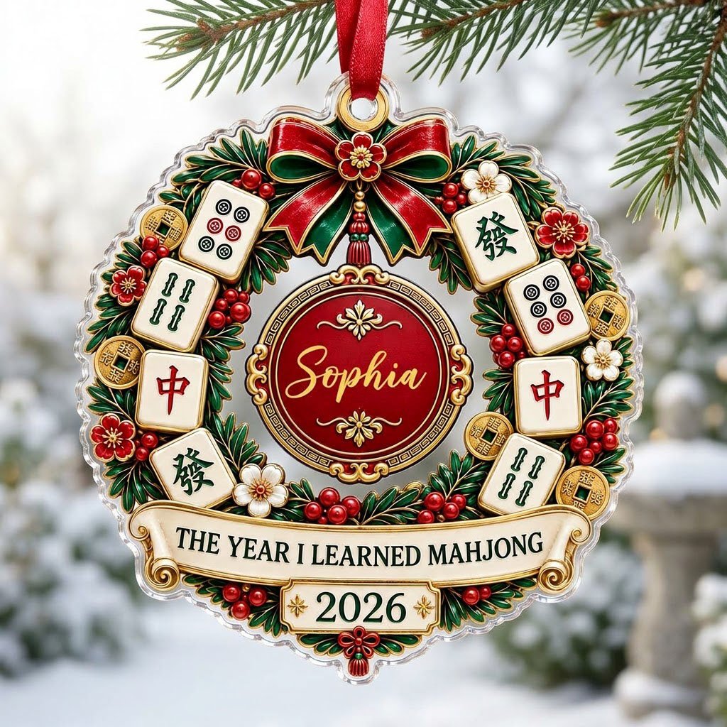 A clear acrylic wreath ornament with Mahjong tiles, red bow, gold coins, and the text THE YEAR I LEARNED MAHJONG.
