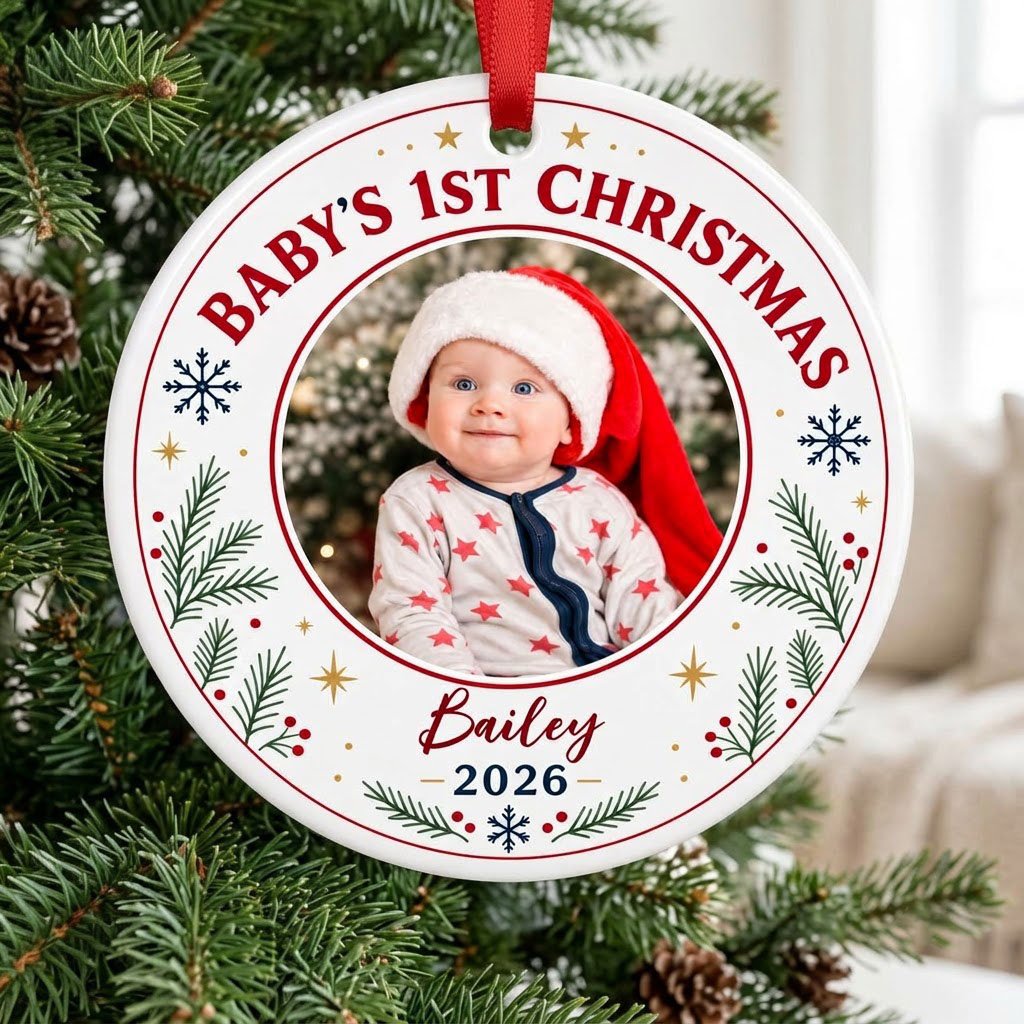Round ceramic ornament with 'BABY'S 1ST CHRISTMAS', pine sprigs, snowflakes, gold stars, red rings, and a photo frame