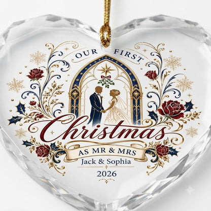 Personalized Our First Christmas as Mr & Mrs Wedding Heart Glass Ornament