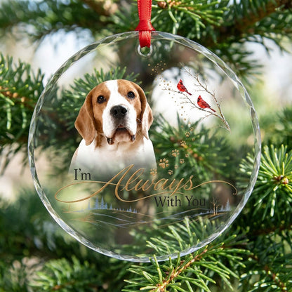 Personalized Dog Memorial Photo I'm Always With You Winter Cardinal Round Glass Ornament