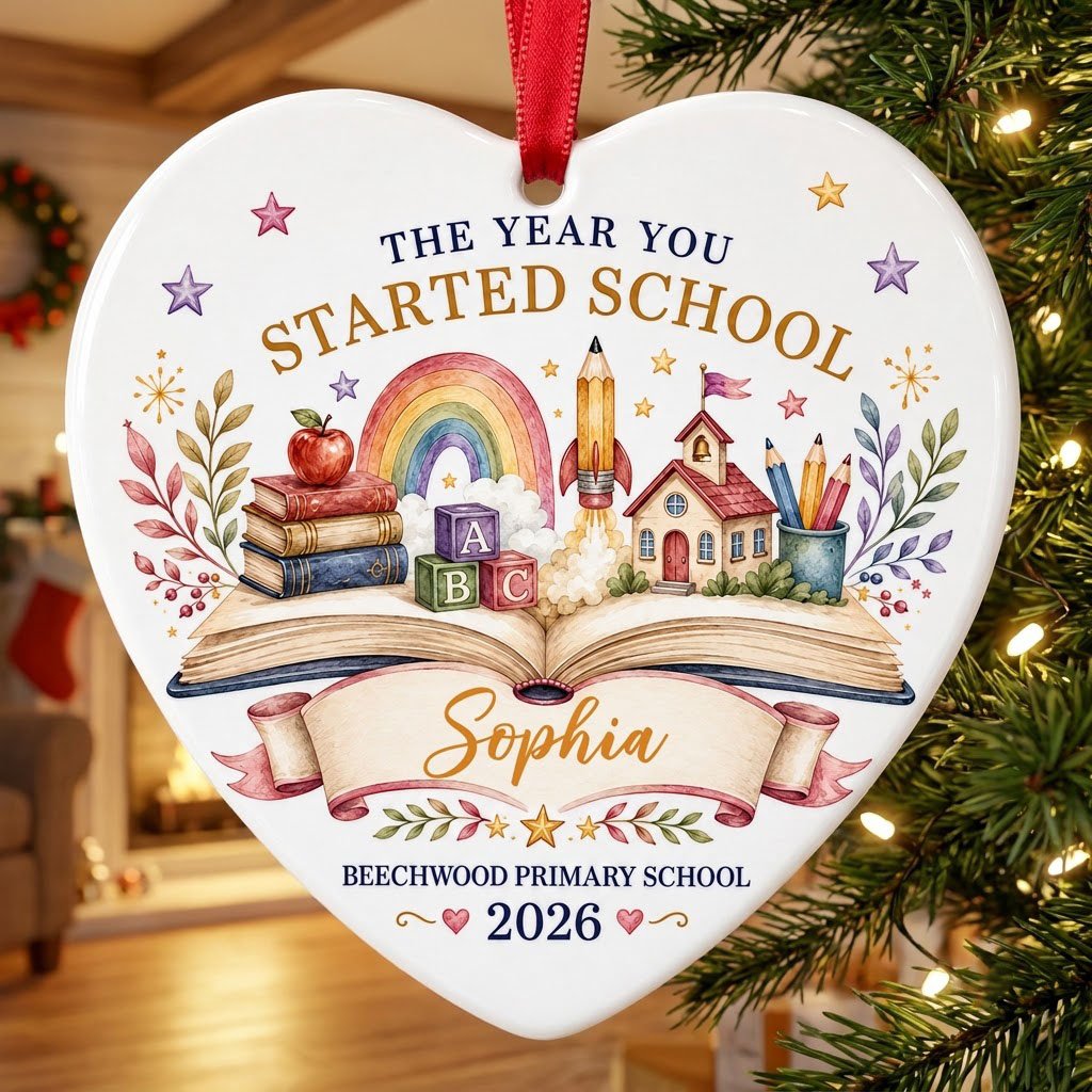 Heart ceramic ornament with an open book, rainbow, schoolhouse, ABC blocks and banner for name, school and year