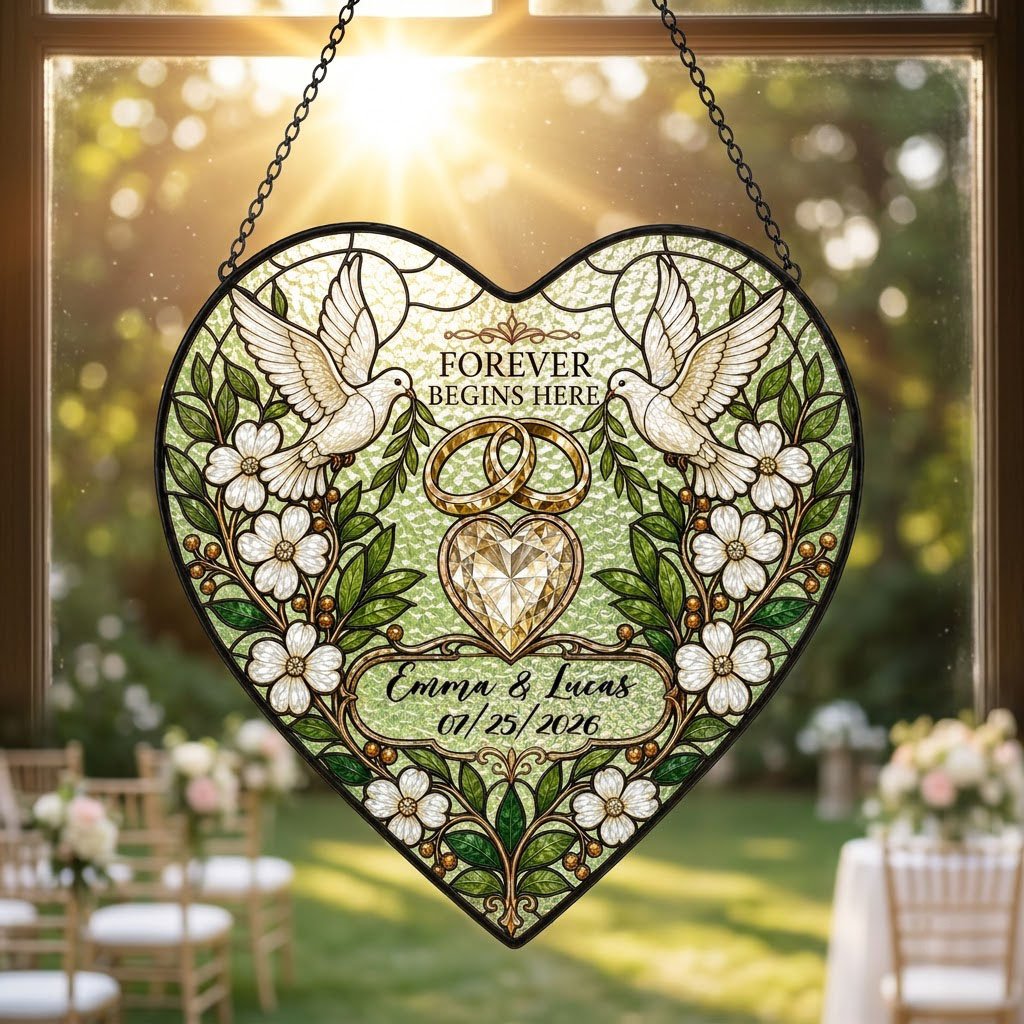 Personalized Wedding Doves & Diamond Heart Forever Begins Here Heart Stained Glass Suncatcher