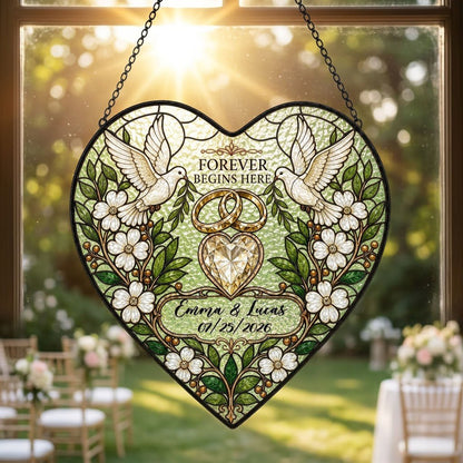 Personalized Wedding Doves & Diamond Heart Forever Begins Here Heart Stained Glass Suncatcher
