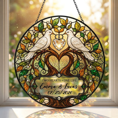 Personalized Wedding Doves & Tree of Life Two Hearts One Life Stained Glass Round Suncatcher