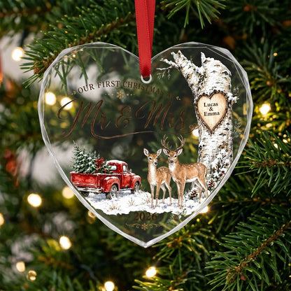 Personalized Our First Christmas as Mr & Mrs Deer Red Truck Heart Glass Ornament