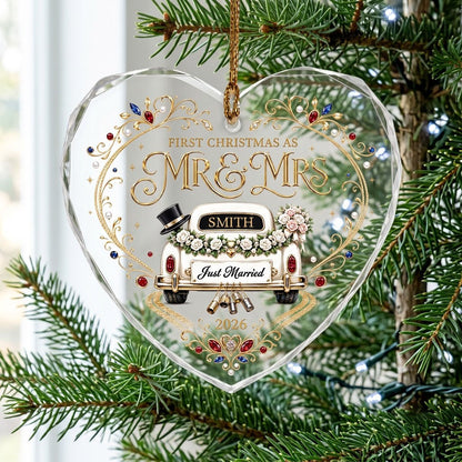 Personalized First Christmas as Mr & Mrs Vintage Getaway Car Heart Glass Ornament