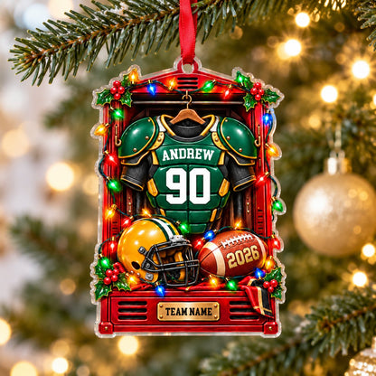 Red locker ornament with green jersey, yellow helmet and football, Christmas lights, personalized name and number.