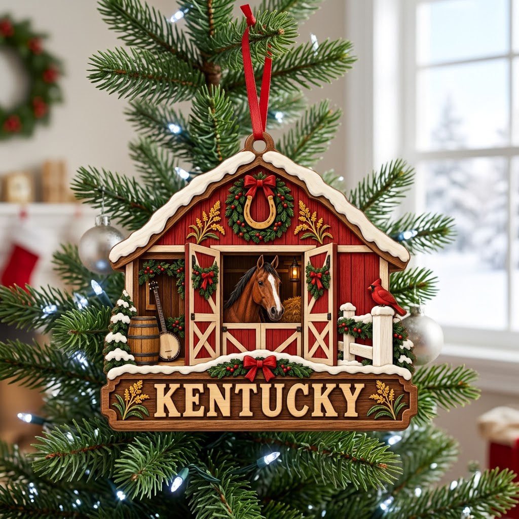 Snow-topped red barn ornament with brown horse, horseshoe wreath, wheat, and “KENTUCKY” text on a barn silhouette.