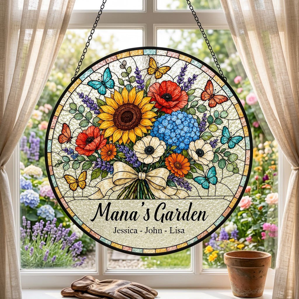 Round stained-glass style suncatcher with floral bouquet, butterflies, and 'Mana's Garden' with names.