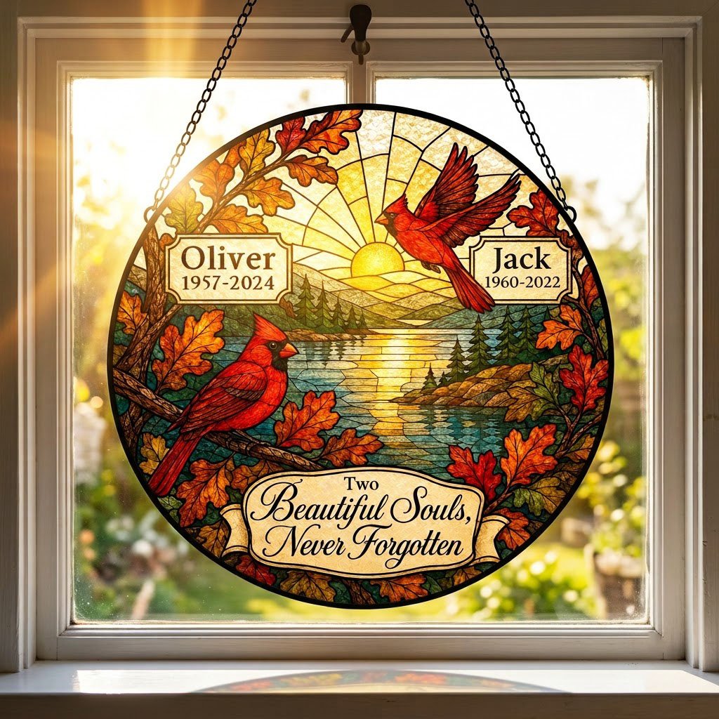 Two red cardinals with a glowing sun over a mountain lake and pine trees, framed by autumn oak leaves on a round suncatc