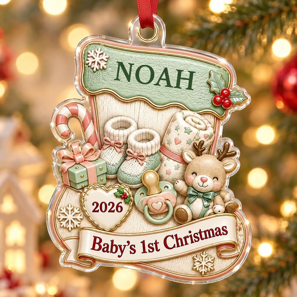 Stocking-shaped acrylic ornament with baby booties, reindeer toy and Baby's 1st Christmas on a cream banner.