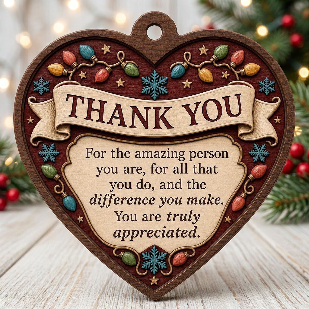 Heart-shaped wood ornament with THANK YOU message, string lights, snowflakes and stars on a burgundy background.