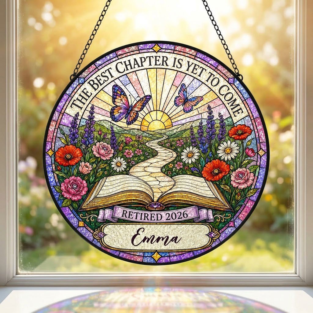 Personalized Retirement Open Book Pathway The Best Chapter Is Yet To Come Stained Glass Round Suncatcher