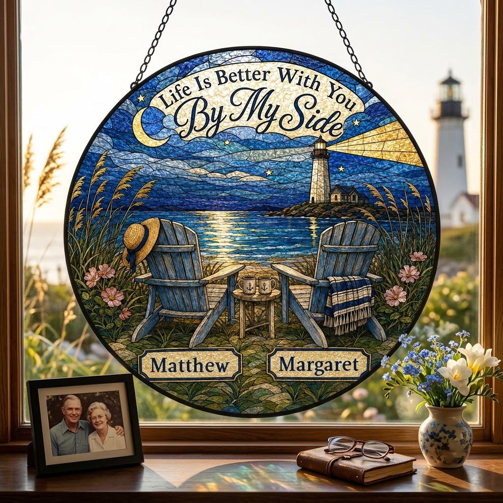 Round stained glass–style suncatcher with two blue Adirondack chairs by water and a lighthouse at night.
