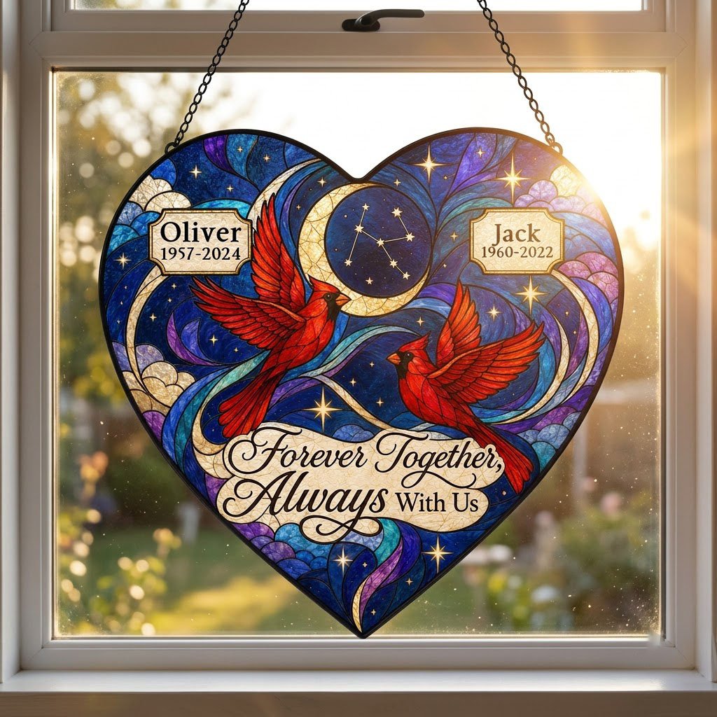 Heart stained glass suncatcher with two red cardinals, crescent moon, stars, clouds, and memorial name banners.