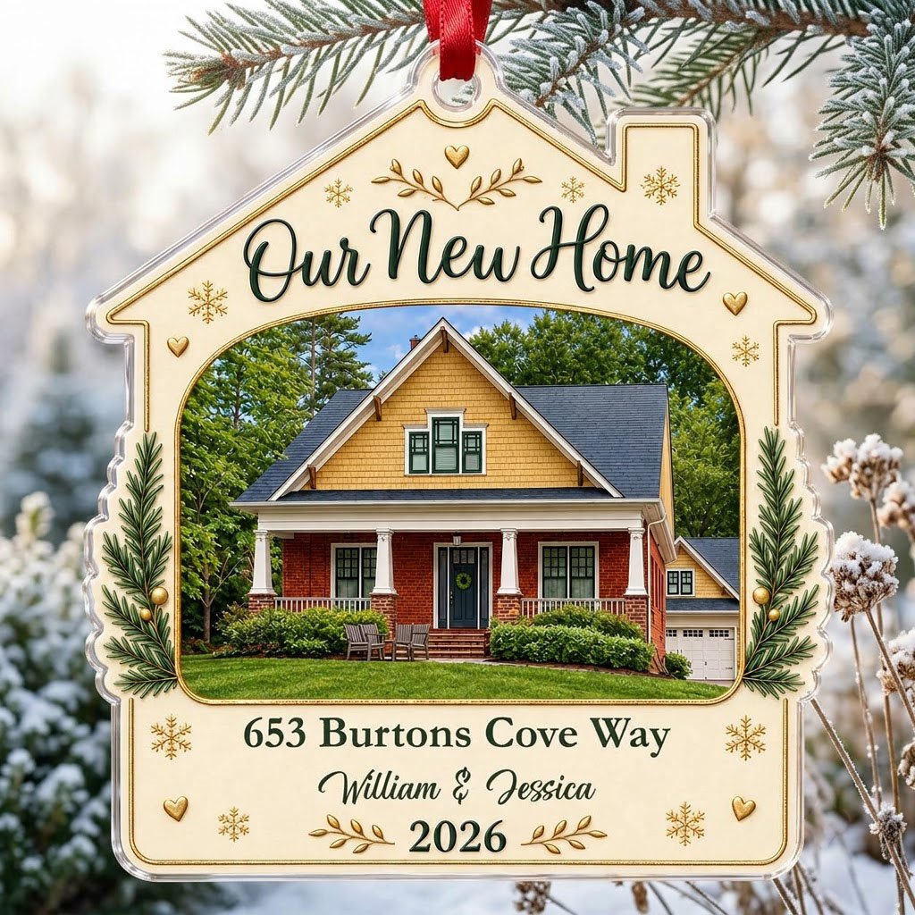 House-shaped acrylic ornament with “Our New Home”, a house photo frame, pine boughs, gold hearts and snowflakes.