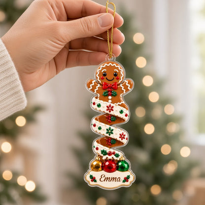 Clear acrylic ornament with elf or reindeer, spiral ribbon body and three dangling baubles, ready to hang on a Christmas