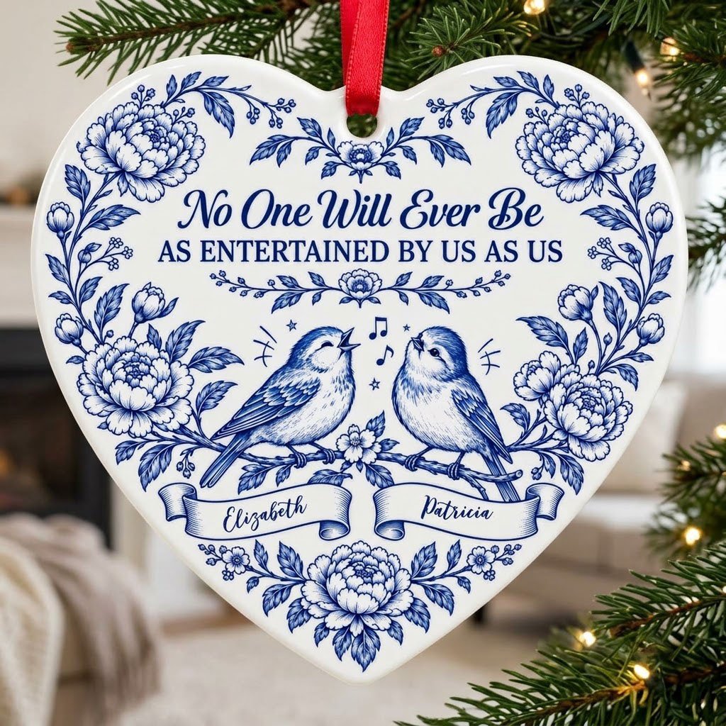 Heart ceramic ornament with Delft blue peonies, two birds on a branch, and a friendship quote in cobalt blue.