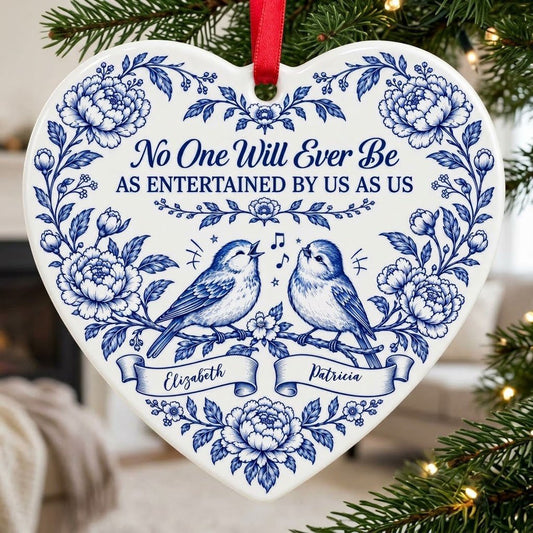 Heart ceramic ornament with Delft blue peonies, two birds on a branch, and a friendship quote in cobalt blue.