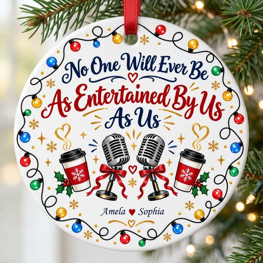 Round ceramic ornament with lights border, two microphones with red bows, and two coffee cups with heart steam.