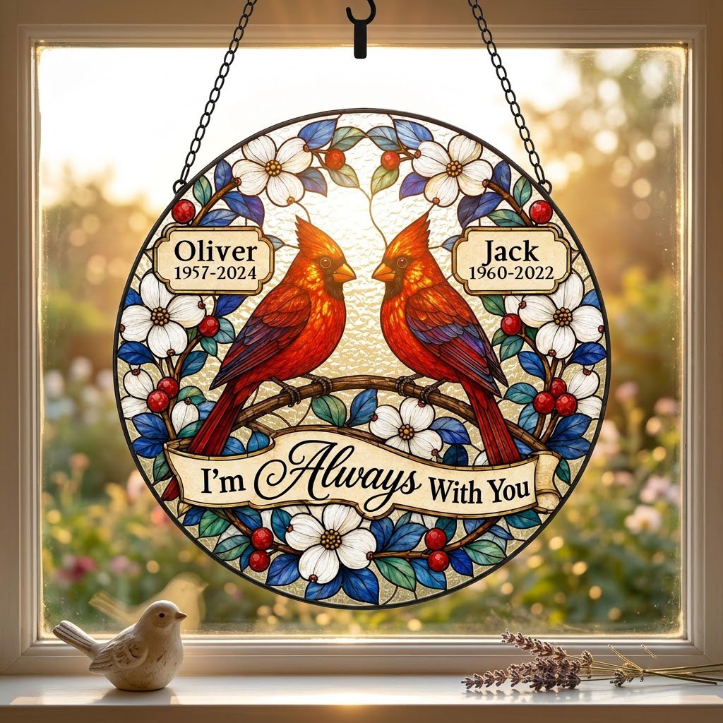 Round suncatcher with two red cardinals on a branch, dogwood flowers, a scroll banner and two name plaques.