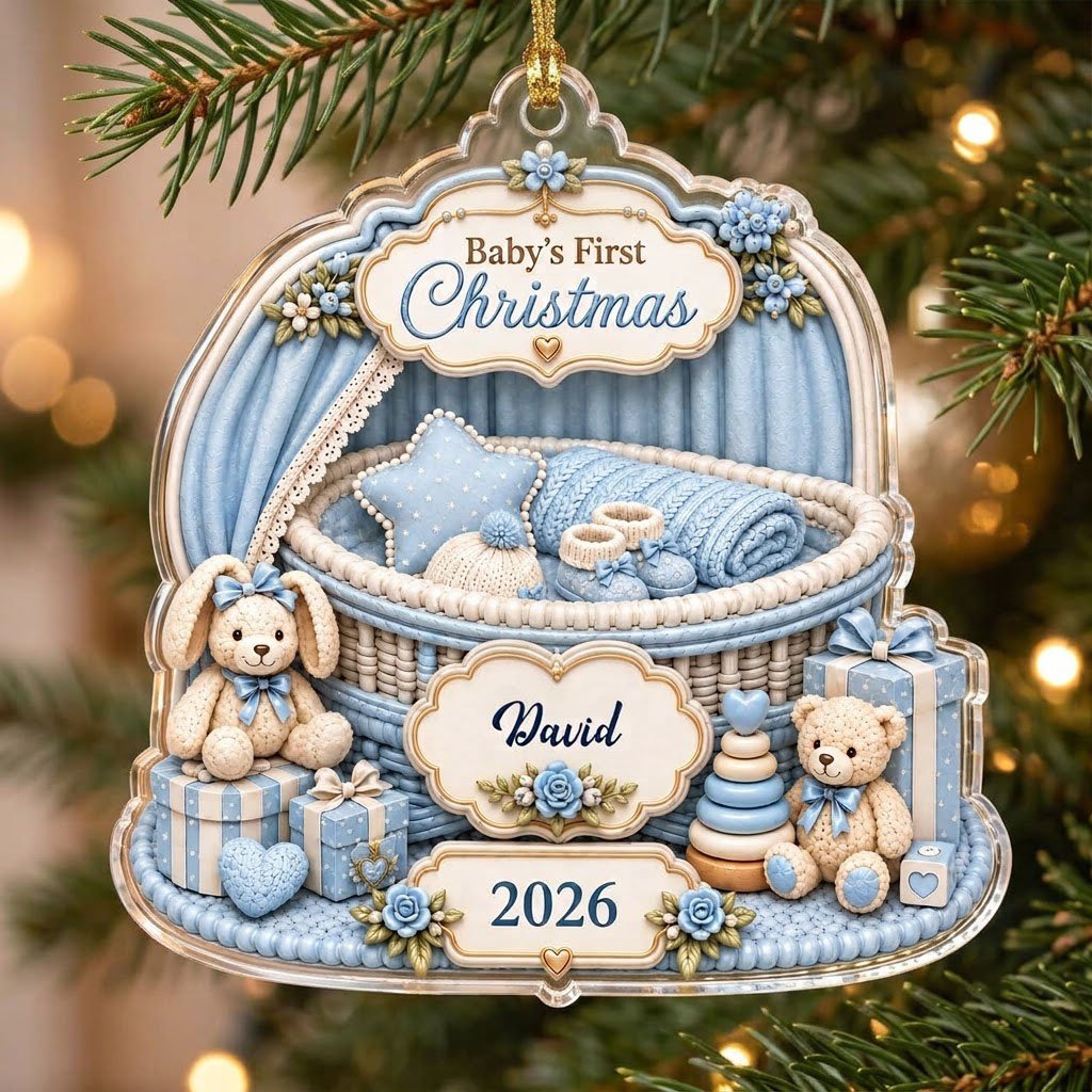 Clear acrylic ornament with blue nursery bassinet, bunny, teddy, and Baby's First Christmas with name and year.