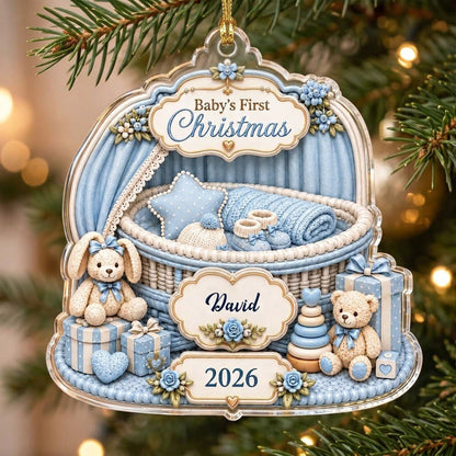 Clear acrylic ornament with blue nursery bassinet, bunny, teddy, and Baby's First Christmas with name and year.