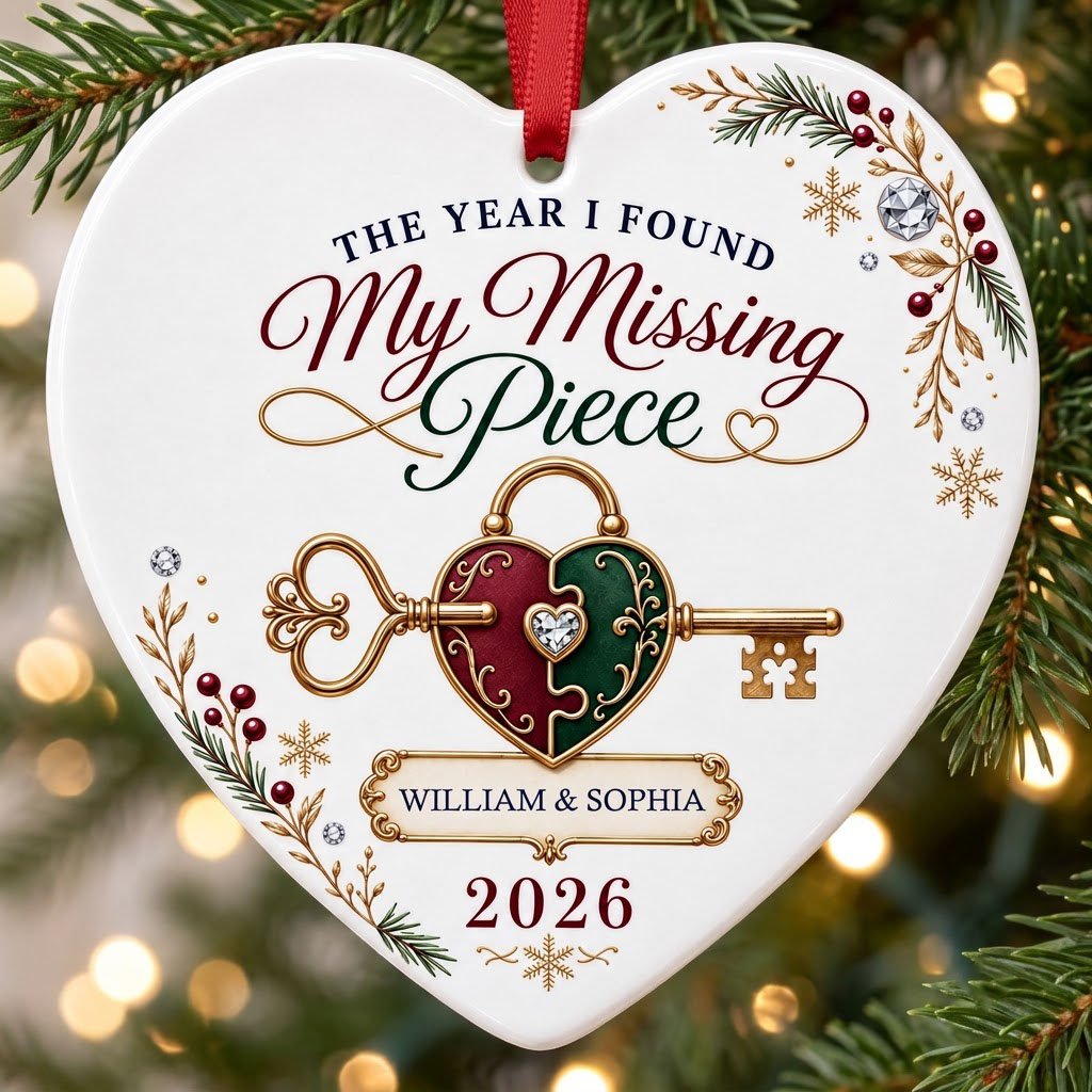 Heart ceramic ornament with a gold key through a burgundy and green heart lock, pine sprigs, berries, and gold snowflake