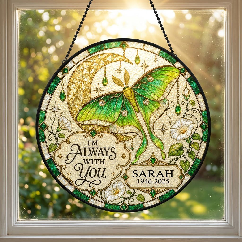 Personalized Luna Moth Memorial I'm Always With You Stained Glass Round Suncatcher