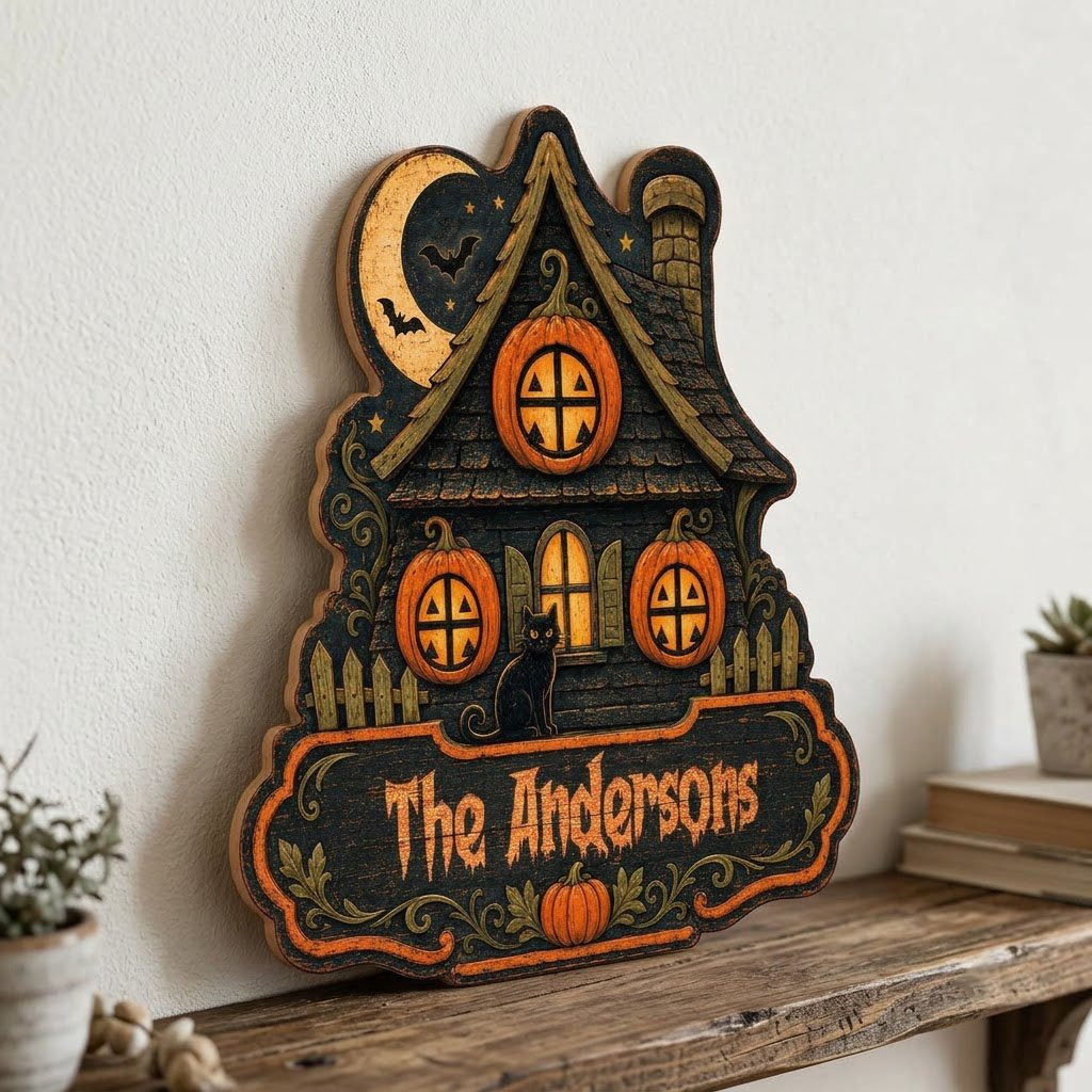 Custom-cut haunted house wooden sign with moon, bats, pumpkin windows, black cat, picket fences, and a family name banne