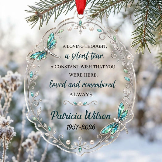 Clear acrylic ornament with teal and blue dragonflies, silver filigree, and a memorial quote with name and dates.
